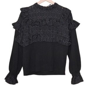 ZARA Black Ribbed Mixed Media Ruffle‎ Crochet Sweater Blouse